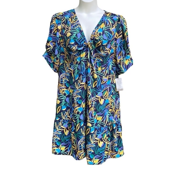 Donna Morgan Dresses & Skirts - Donna Morgan Leaf Printed V-Neck Dress Womens Plus Size 18W NWT Puff Sleeve Navy